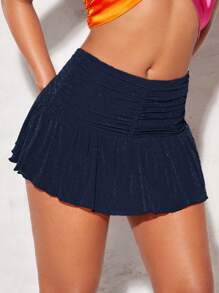 SHEIN BAE 低腰褶邊金屬亮絲迷你半身裙 - 藏蓝色 - 查看 7