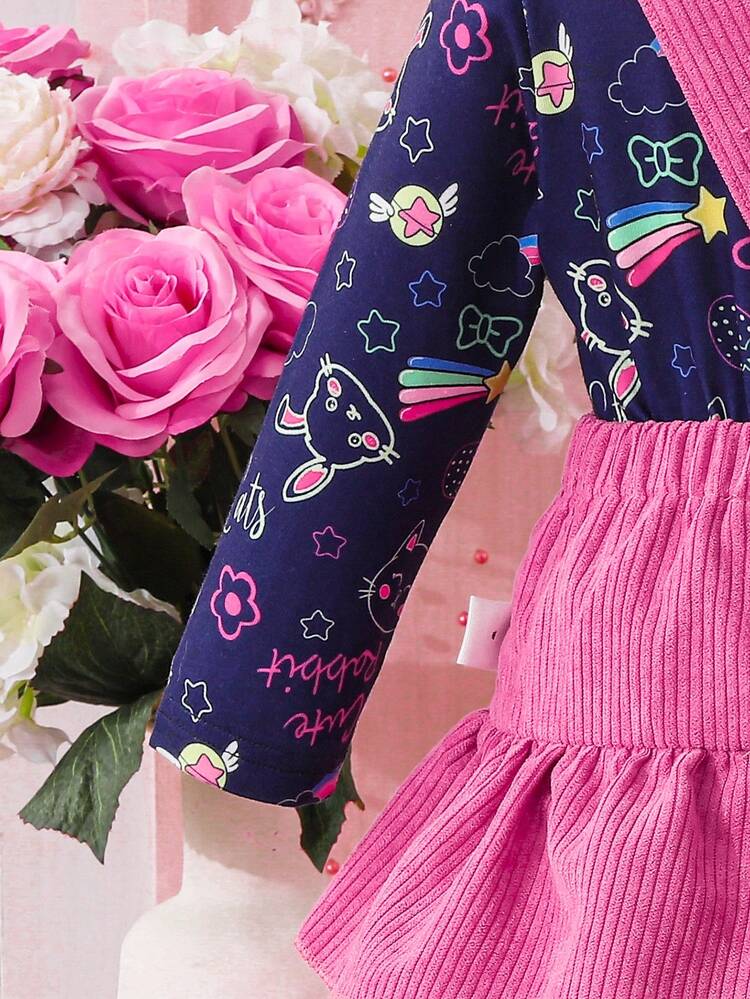 Baby Girls' Cute Rainbow & Cloud Print Top And Corduroy Double-layered Overall Dress For Autumn/winter