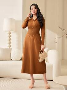 Modelyn Ladies' Solid Color V-neck Long Sleeve Sweater Dress - Mocha Brown - View 3