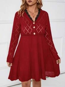 SHEIN LUNE Plus Lace Trim Button Detail Sweater Dress - Red - View 3