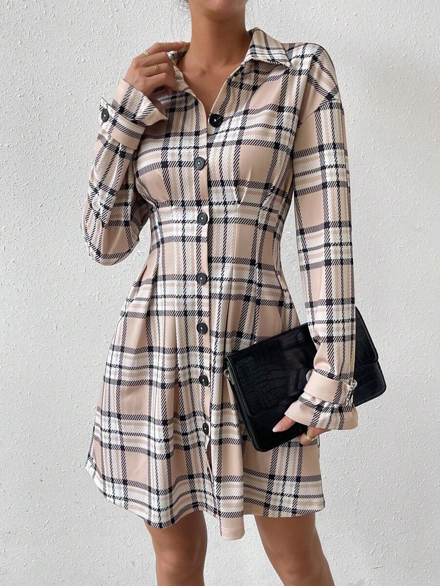 Chiquease 格紋印花落肩袖襯衫洋裝 - 杏色 - 查看 1