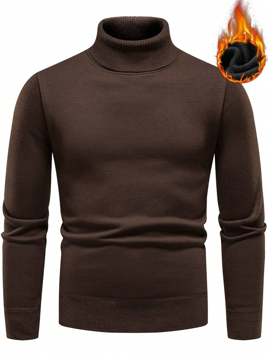 Manfinity Mode Men's Casual Solid Color Turtleneck Thermal Lined Sweater, Winter, Long Sleeve Top