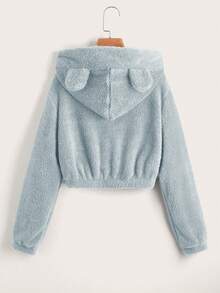 SHEIN EZwear Chất rắn Tai 3D vá Flannel Hoodie - Màu xanh bụi bặm - Xem 2