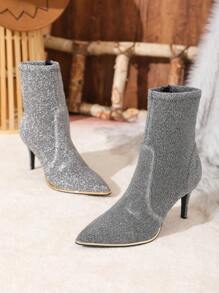 New Style Women's Pointed Toe Silver-grey Fashionable Slim High Heel Stretchy Boots - Black and White - View 3