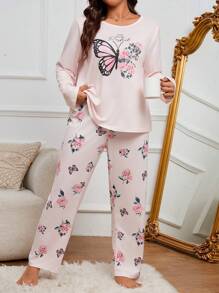 Plus Size Butterfly Printed Top & Pants Pajama Set, Fall Winter Clothes, Cozy Outfit - Multicolor - View 6