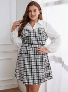 SHEIN Privé 大尺寸格紋印花羈扣細節燈籠袖束帶連身裙 - 彩色 - 查看 1