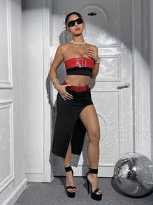 SHEIN ICON 扣環前兩色調管狀上衣和分腿裙 - 彩色 - 查看 6