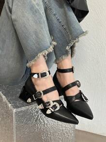 2024春夏秋季法式哥特风女式高跟鞋交叉搭扣玛丽珍朋克风厚底尖头鞋，优雅芭蕾舞鞋，派对鞋