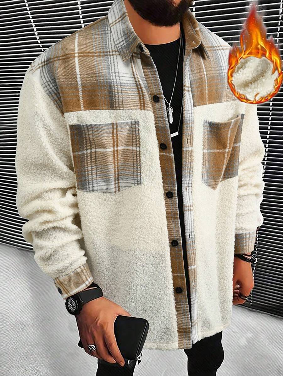 Manfinity 男士斜肩超大格子絨布襯衫外套,帶有蓋袋口袋 - 彩色 - 查看 1