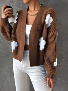 SHEIN Qutie 女款開襟羊毛衫,3d雲絨圖案 - 咖啡棕 - 查看 3