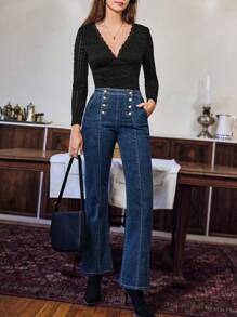 SHEIN Frenchy Women'S Texture Lace Splice Bodysuit - Black - View 4