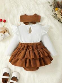 SHEIN Vintaside Kids Bebé niña Body ribete con fruncido con lazo delantero 2 en 1 con banda cabeza - Multicolor - Ver 2