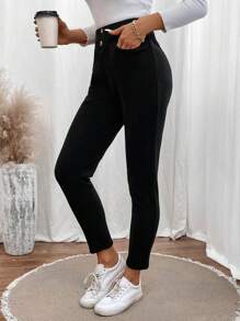 SHEIN LUNE Pantalones Ajustados Con Detalle De Botones - Negro - Ver 5