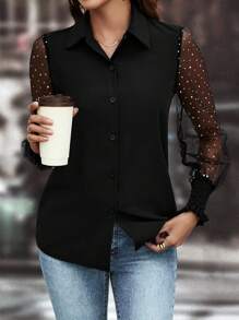 SHEIN LUNE 網紗拼接燈籠袖前紐扣襯衫 - 黑色 - 查看 3