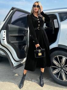 SHEIN Essnce 泡泡袖腰帶襯衫洋裝 - 黑色 - 查看 5