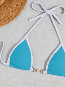Swim Vcay Summer Beach Contrast Binding Halter Triangle Bikini Set - Blue - View 4