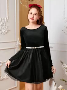 Teen Girl Crisscross Backless Mesh Hem Velvet Dress Without Belt - Black - View 6