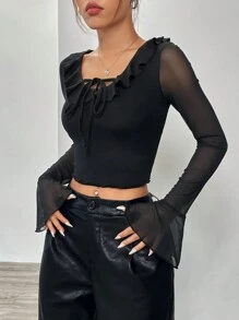 SHEIN Unity Ruffle Trim Flounce Sleeve Knot Front Crop Top - Black - View 1
