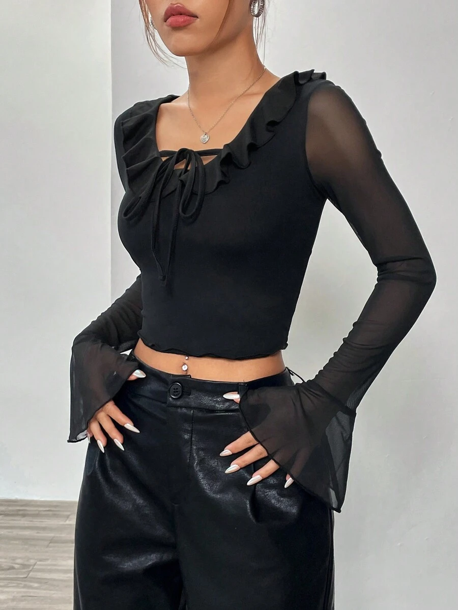 SHEIN Unity Ruffle Trim Flounce Sleeve Knot Front Crop Top - Black - View 1