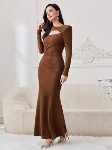 Modelyn Robe de soirée longue de sirène plissée ajourée de couleur unie