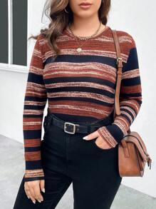 SHEIN LUNE Áo thun Plus size Sọc Giải trí - Cà phê nâu - Xem 3