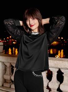 SHEIN Frenchy 蕾絲拼接插肩袖襯衫 - 黑色 - 查看 7