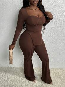 SHEIN Slayr 雞心領口不對稱下擺T恤&喇叭褲 - 咖啡棕 - 查看 1