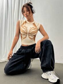 SHEIN Unity In bướm Crop Tank Top - màu nâu - Xem 6