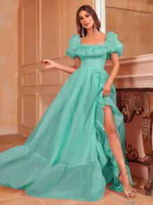 Square Collar Puff Sleeve Ruffle Trim Organza Dress - Green - View 1