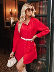 SHEIN Clasi Solid Button Front Shirt Dress Without Belt - Red - View 5