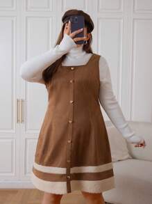 SHEIN EZwear Plus Size Color Block Suedette Suspender Dress - Khaki - View 3