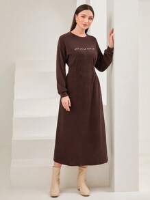 Mulvari Round Neckline A-Line Dress With Letter Pattern And Waist Fitting