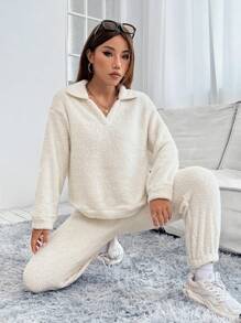SHEIN PETITE Solid Teddy Sweatshirt & Pants - Beige - View 6