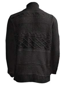 Men's Turtleneck Sweater With Leather Button, Long Sleeve Knit Cardigan Jacket - Black - View 2