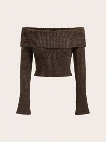 SHEIN ICON Gấp lại Off Shoulder Tay áo loe Áo len Crop - Cà phê nâu - Xem 1