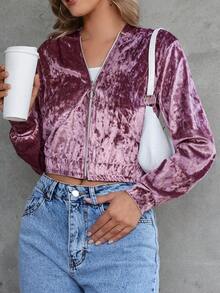 EURMUSE Zip Up Hooded Velvet Sweatshirt - Pink - View 4