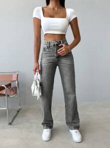 EURMUSE Casual Washed Straight Leg Jeans - Grey - View 4