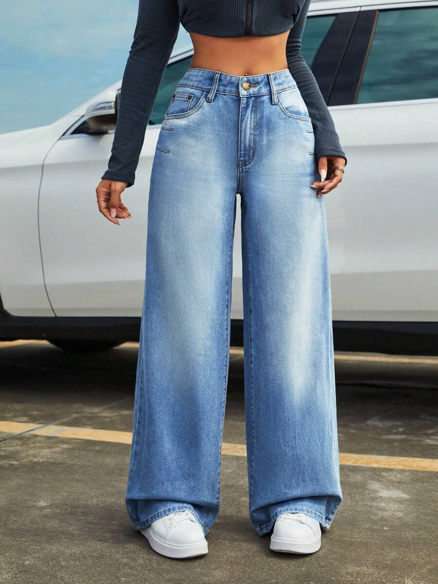 SHEIN ICON 高腰闊腿牛仔褲 - 淺色水洗藍 - 查看 1