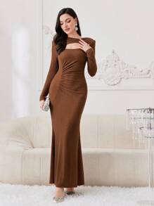 Modelyn Robe de soirée longue de sirène plissée ajourée de couleur unie