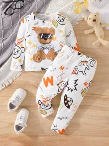 Baby Boy Bear & Letter Graphic Tee & Pants - White - View 1