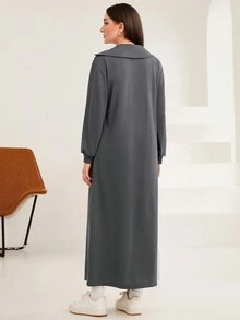 Mulvari 不對稱領拉鍊純色休閒時尚衛衣連身裙 - 深灰色 - 查看 2