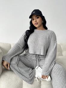 SHEIN EZwear 大碼落肩T恤&腰上打結長褲 - 淺灰色 - 查看 5