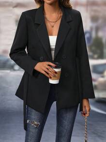 SHEIN LUNE 西裝領雙排釦腰帶西裝外套 - 黑色 - 查看 3
