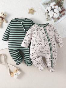 SHEIN Baby Boy 2pcs Striped & Cartoon Graphic Button Front Jumpsuit - Multicolor - View 1