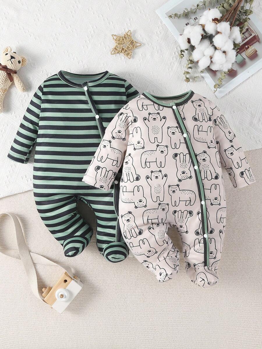 SHEIN Baby Boy 2pcs Striped & Cartoon Graphic Button Front Jumpsuit - Multicolor - View 1