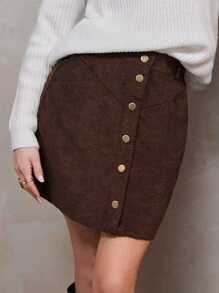 SHEIN Frenchy Button Front Corduroy Skirt Winter Brown Brown Casual - Chocolate Brown - View 1