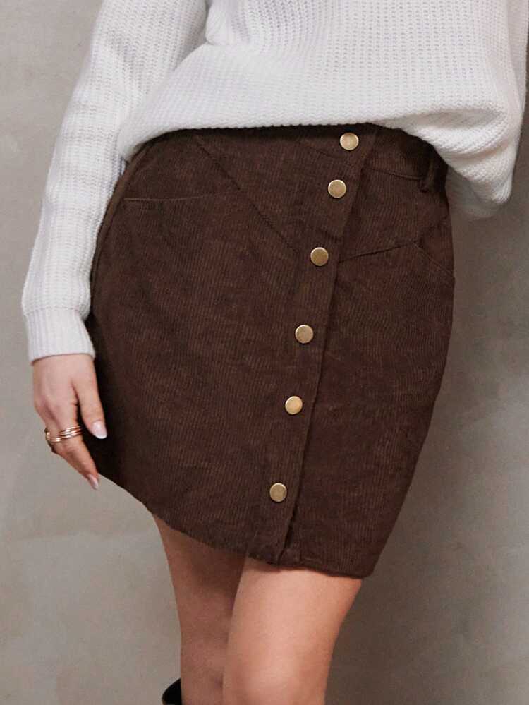 Button Front Corduroy Skirt Winter Brown Brown Casual