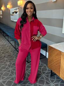 2pcs Contrast Color Collared Casual Elegant Shirt And Solid Color Pants Suit - Hot Pink - View 6
