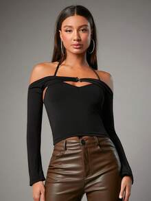 SHEIN BAE Áo thun cổ dây chắc chắn, đi chơi - màu đen - Xem 5