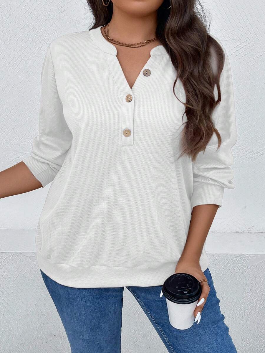 SHEIN LUNE Plus Half Button Sweatshirt - White - View 1